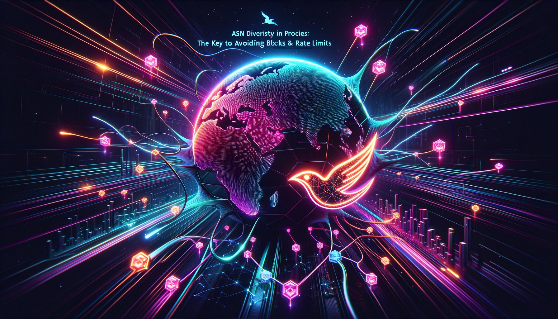 A network diagram illustrating diverse Autonomous System Numbers (ASNs) connecting to a target website, representing various proxy servers avoiding blocks and rate limits.