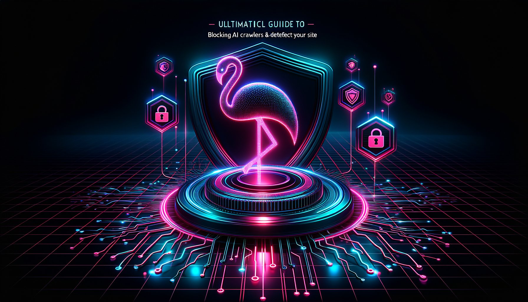 A digital shield protecting a website from various AI crawlers and bots, symbolizing the importance of blocking AI crawlers effectively.