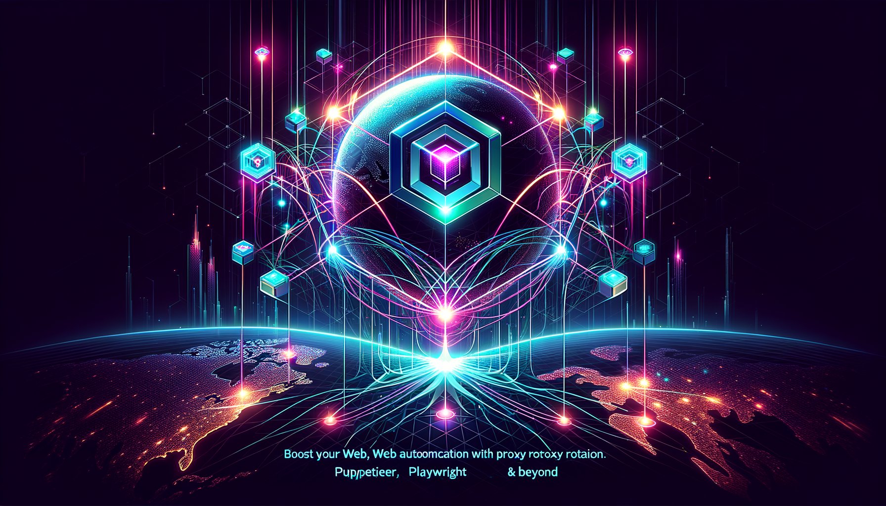 A robotic hand rotating a globe made of network connections and IP addresses, symbolizing the power of proxy rotation in web automation with Puppeteer and Playwright.