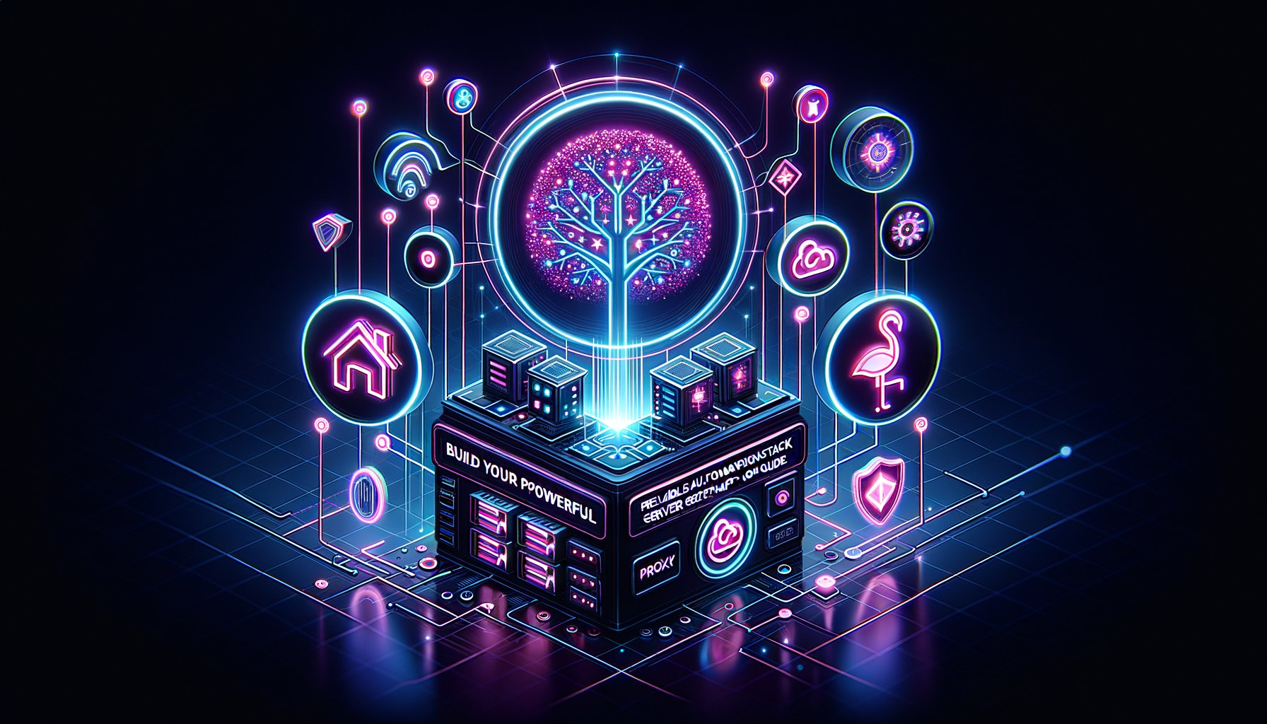 A server rack with glowing lights representing a reliable automation stack, connected to various data points.
