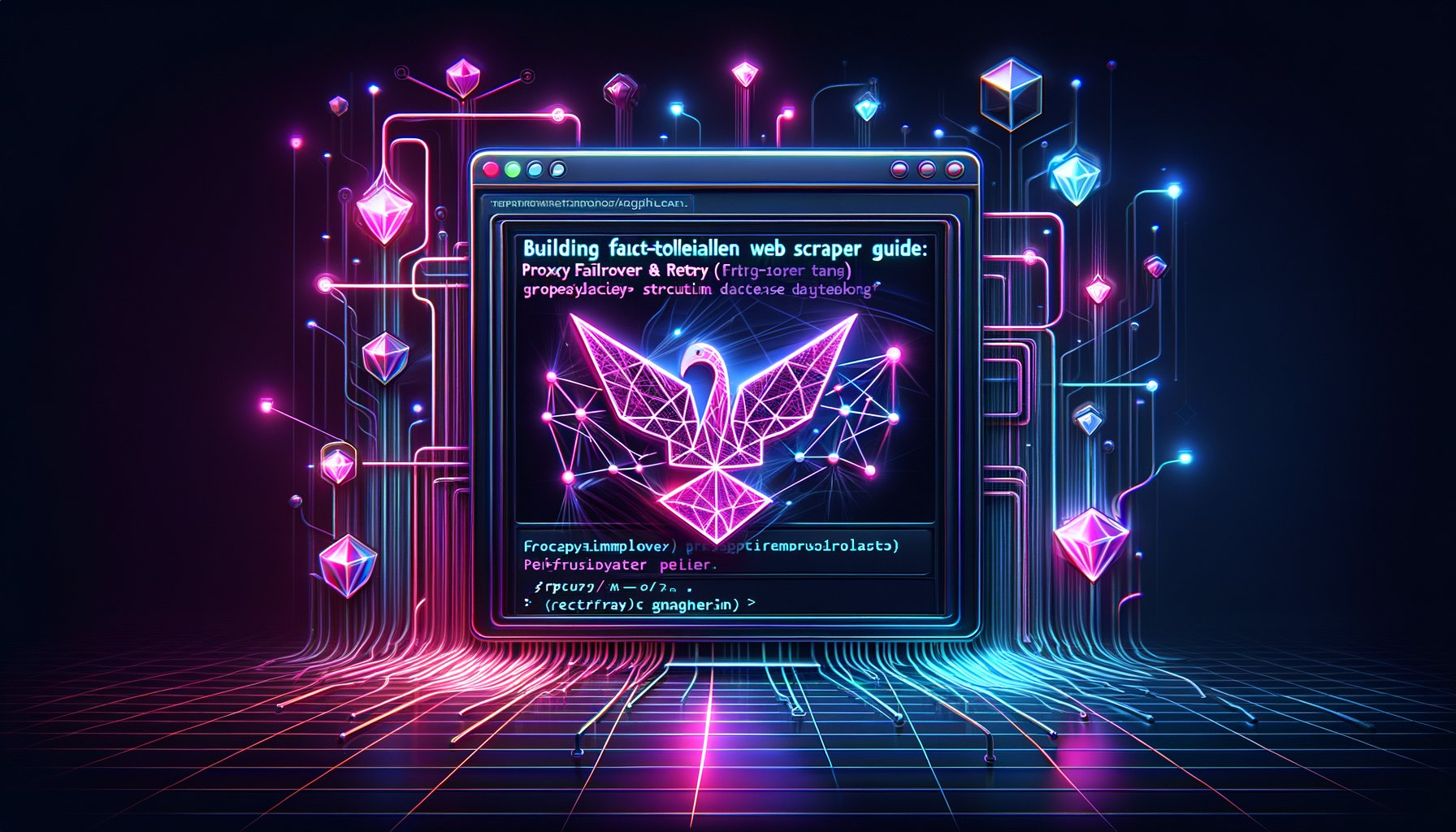 Diagram illustrating web scraper flow with proxy failover and retry logic, showing requests going through multiple proxies and retrying on failure