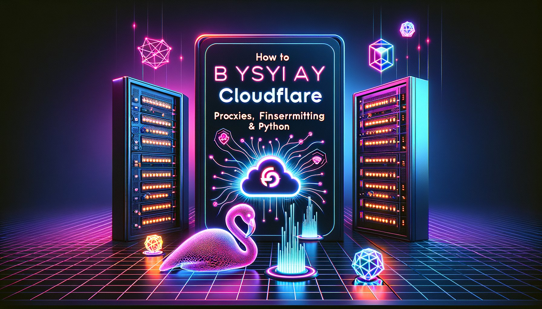 Digital illustration showing data flowing around a Cloudflare shield, with a proxy server icon, representing bypassing Cloudflare's security measures in 2026.