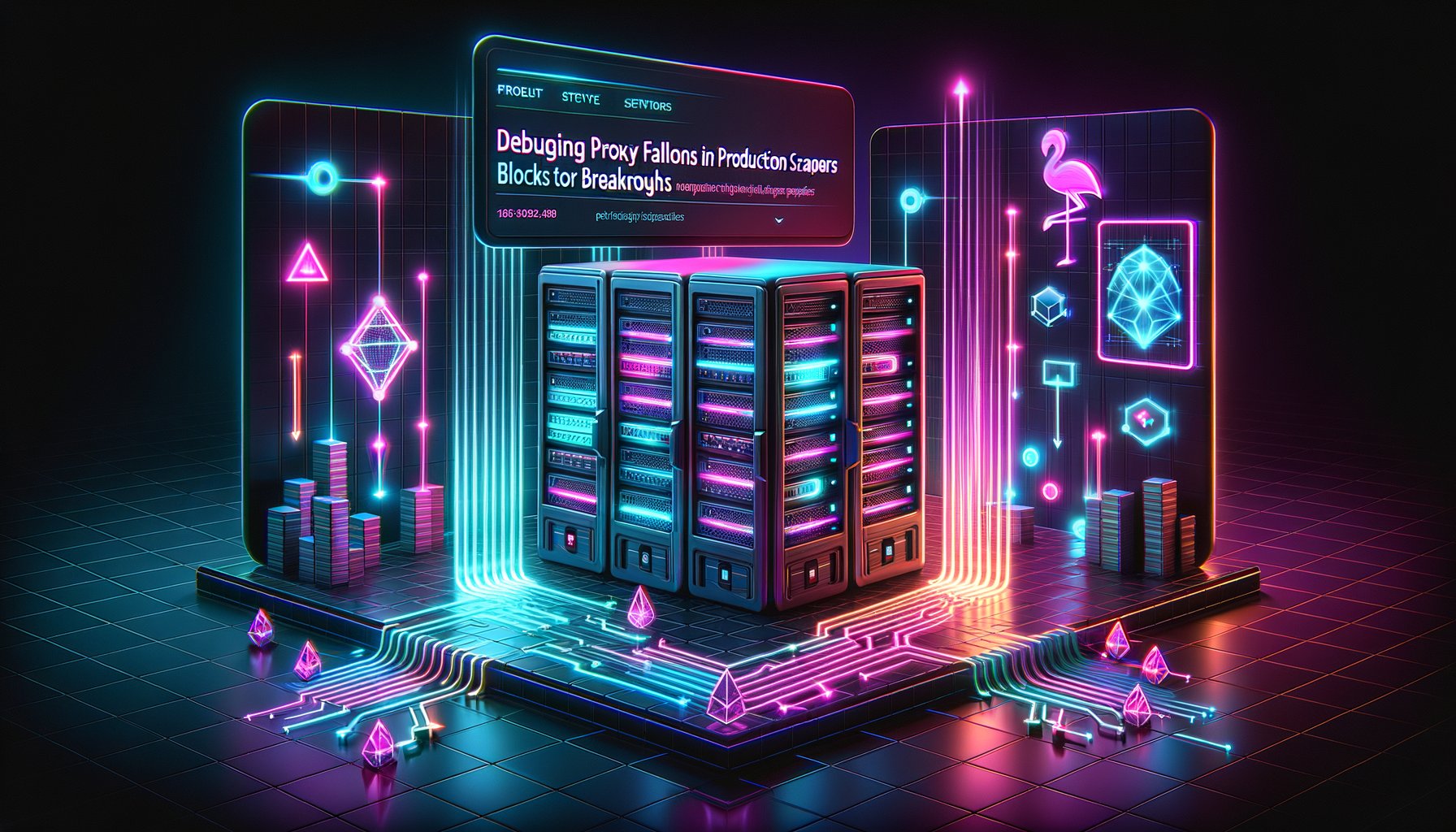 Magnifying glass examining network connections and proxy server issues, symbolizing debugging proxy failures in web scraping