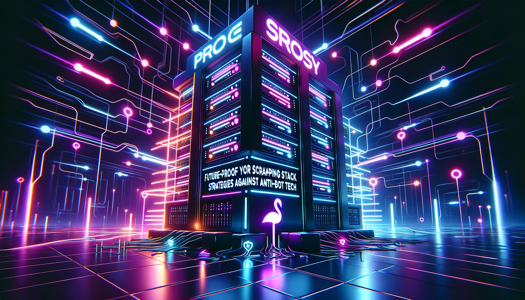 A futuristic digital network showing data flowing through multiple nodes, symbolizing advanced proxy strategies for web scraping against anti-bot technologies.