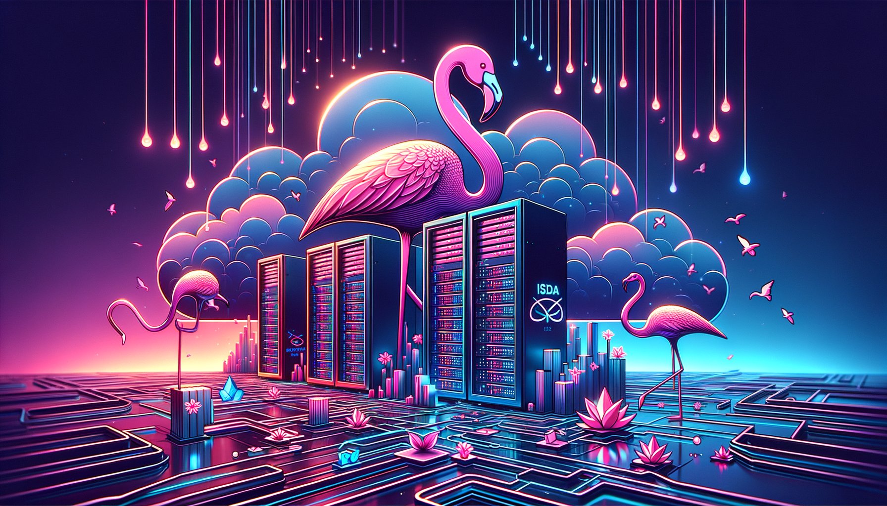 A stylized illustration of a computer screen displaying NFT artwork and cryptocurrency symbols, with a network of low-latency ISP proxies connecting it to the blockchain, signifying speed and a competitive edge.