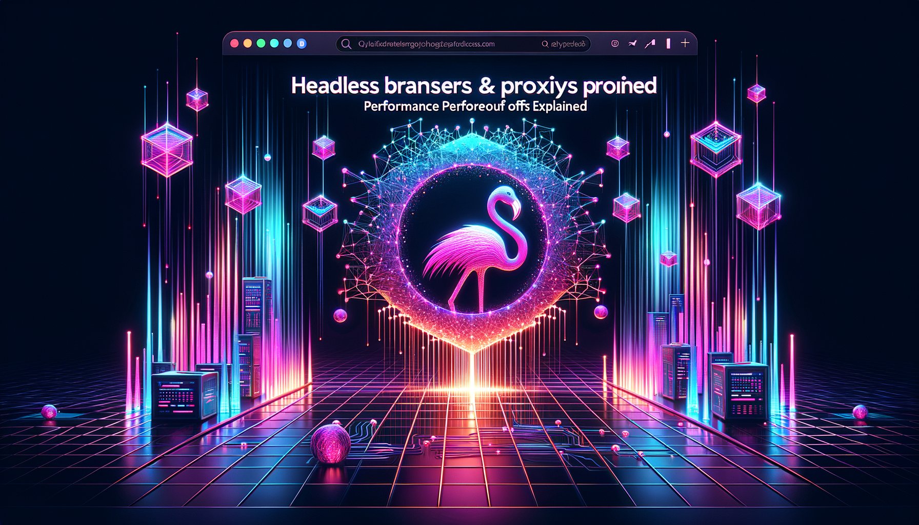 Illustration of a headless browser icon connected through a proxy server icon, symbolizing the performance tradeoffs and synergy of headless browsers and proxies for web scraping and botting.