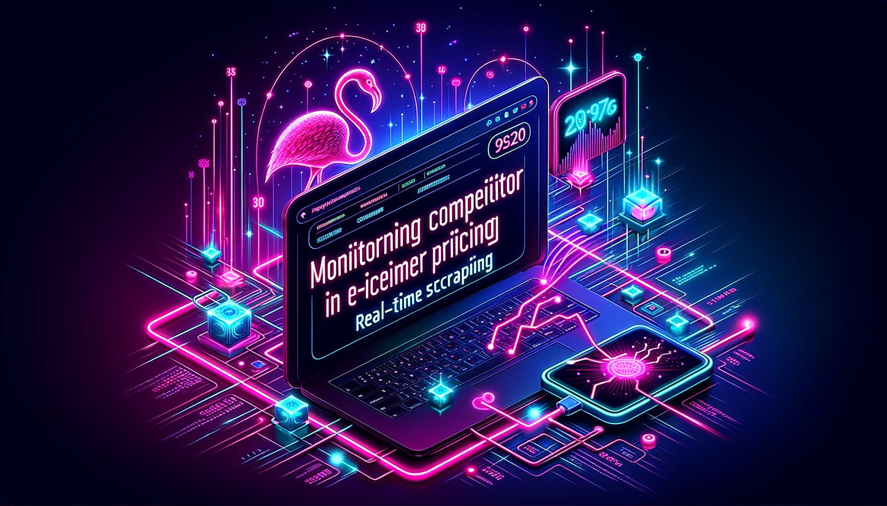Real-time data visualization showing dynamic e-commerce pricing trends and competitor analysis, with a stylized graph representing market movement and a shopping cart icon.