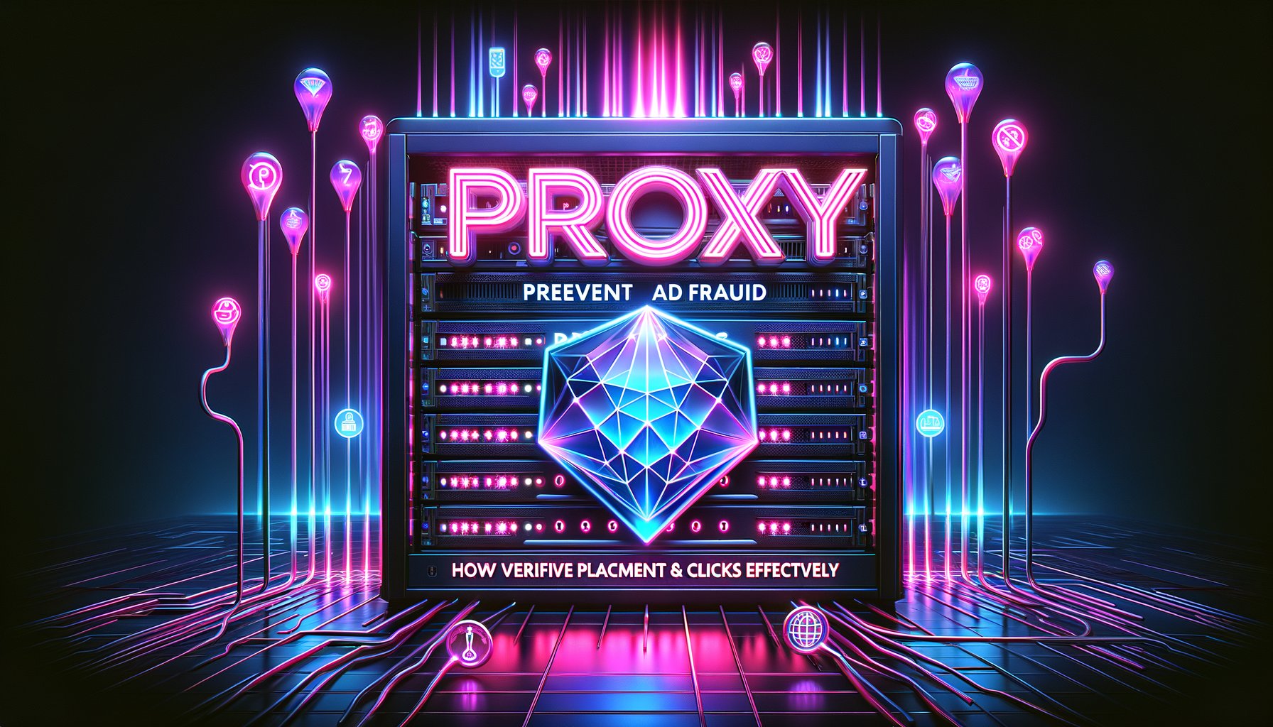 A visual representation of digital security protecting ad placements, with a shield icon superimposed over a network of interconnected servers and devices, symbolizing proxy usage in preventing ad fraud.