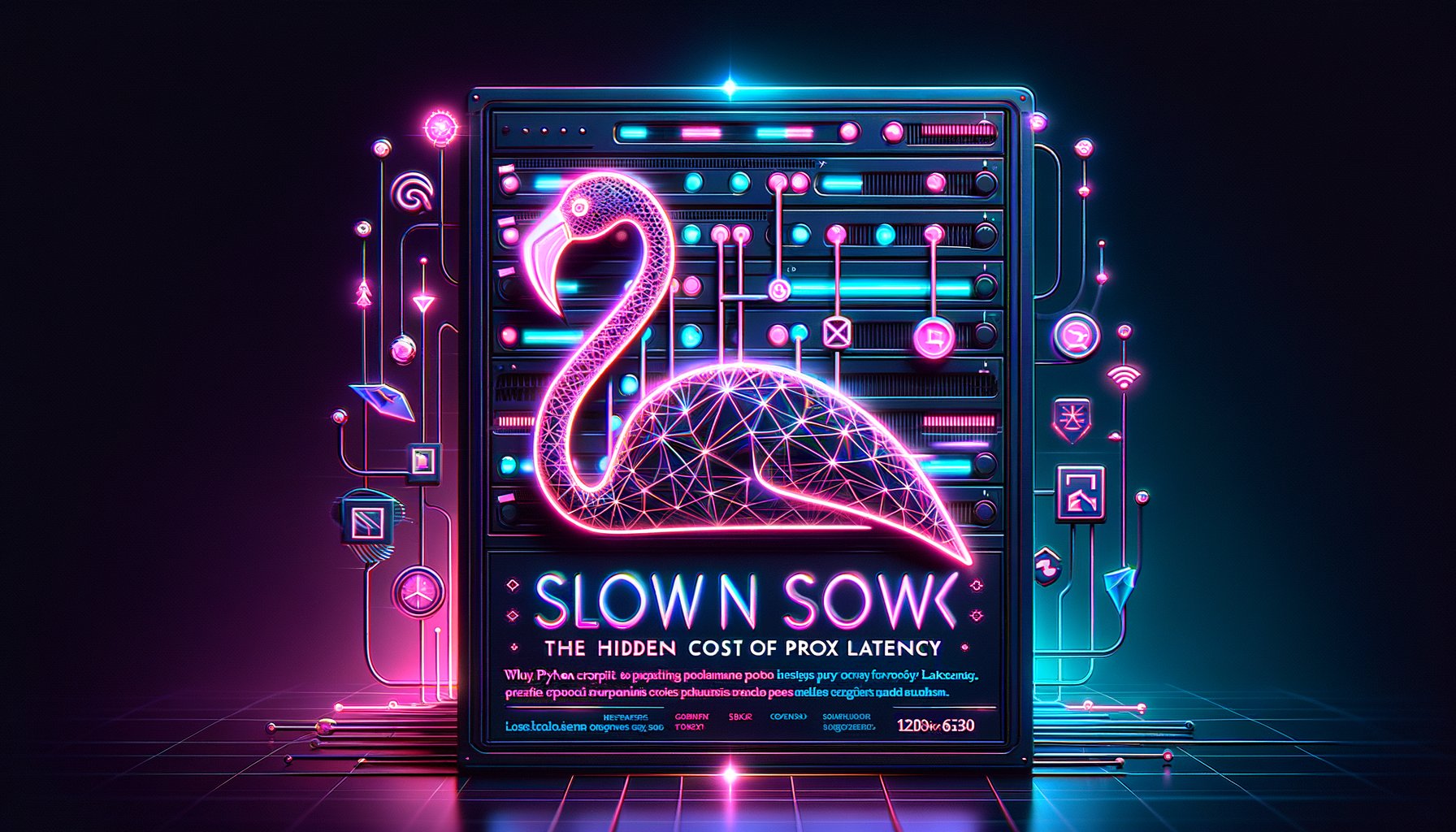 Python script running with slow proxy connection, visualized with a snail and a network diagram, indicating high latency and showing data packet delays.