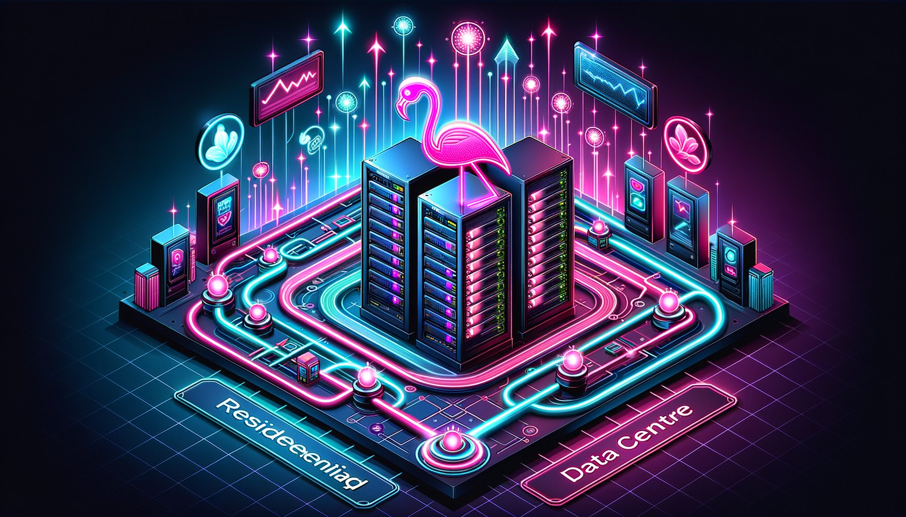 Comparison of residential and datacenter proxies for web scraping, with a calendar marked 2025 and code snippets on a screen, symbolizing data extraction.