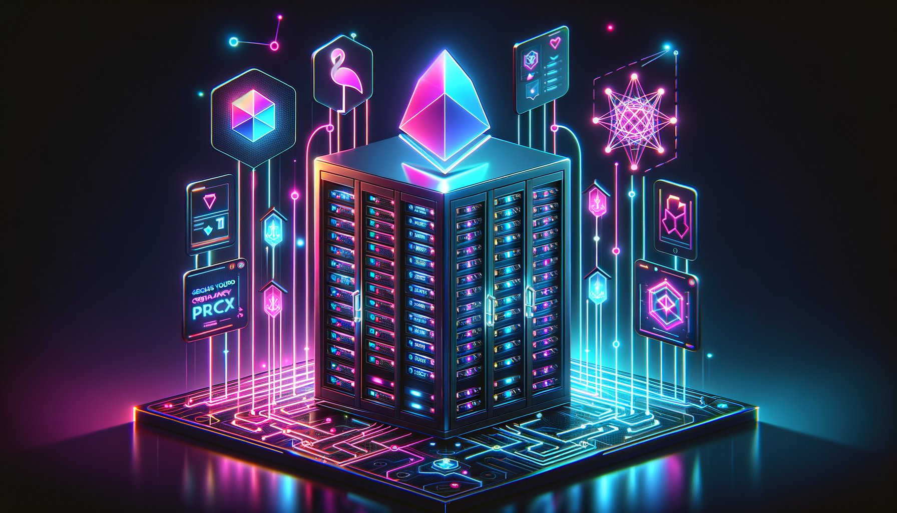 A graphic illustrating a crypto trading bot securely connected to cryptocurrency exchanges through a network of low-latency ISP proxies, emphasizing speed and security.