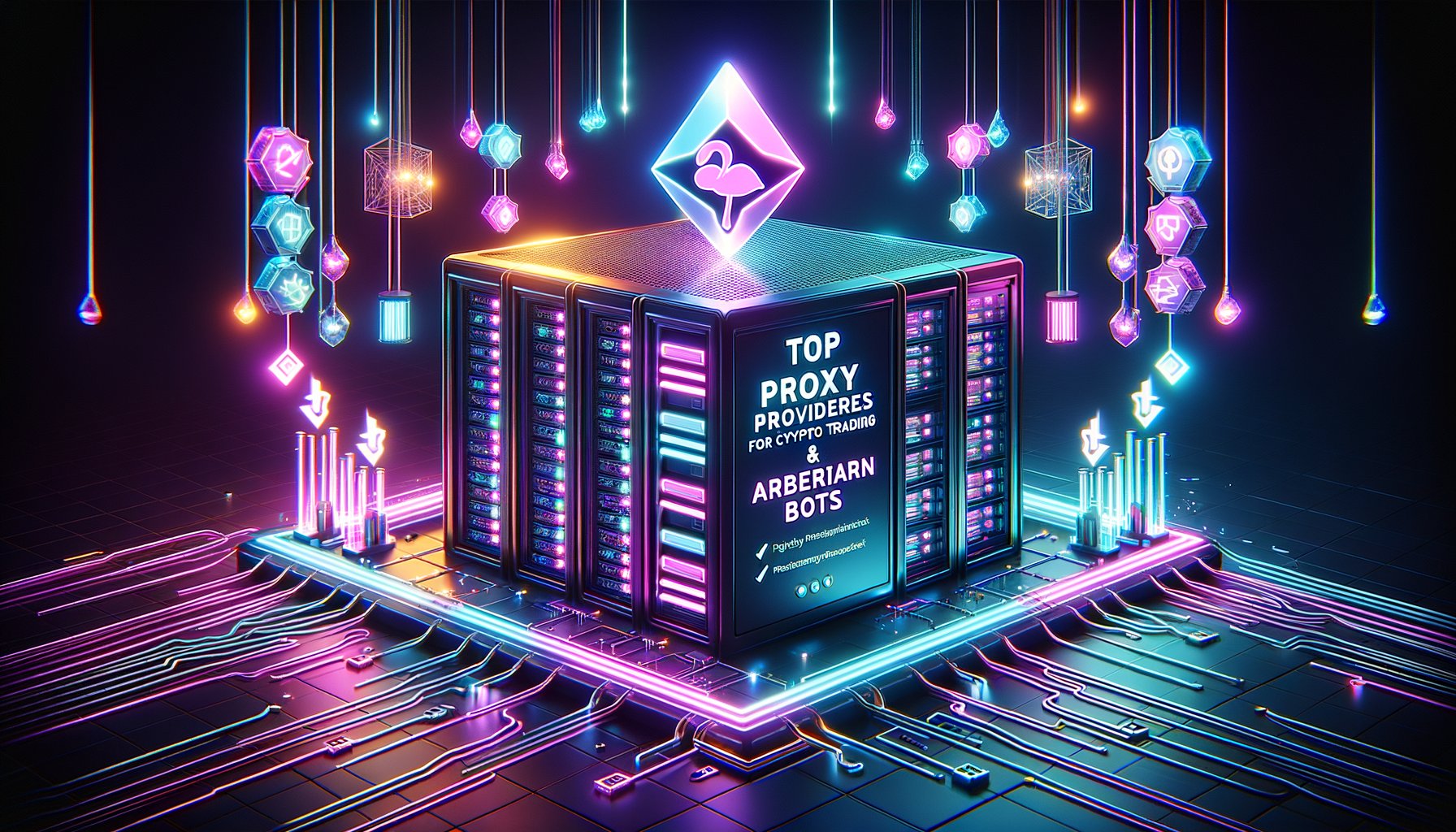 Crypto trading bot using a laptop with various charts and graphs, representing high-speed data processing and arbitrage opportunities, with a network of secure proxies in the background.