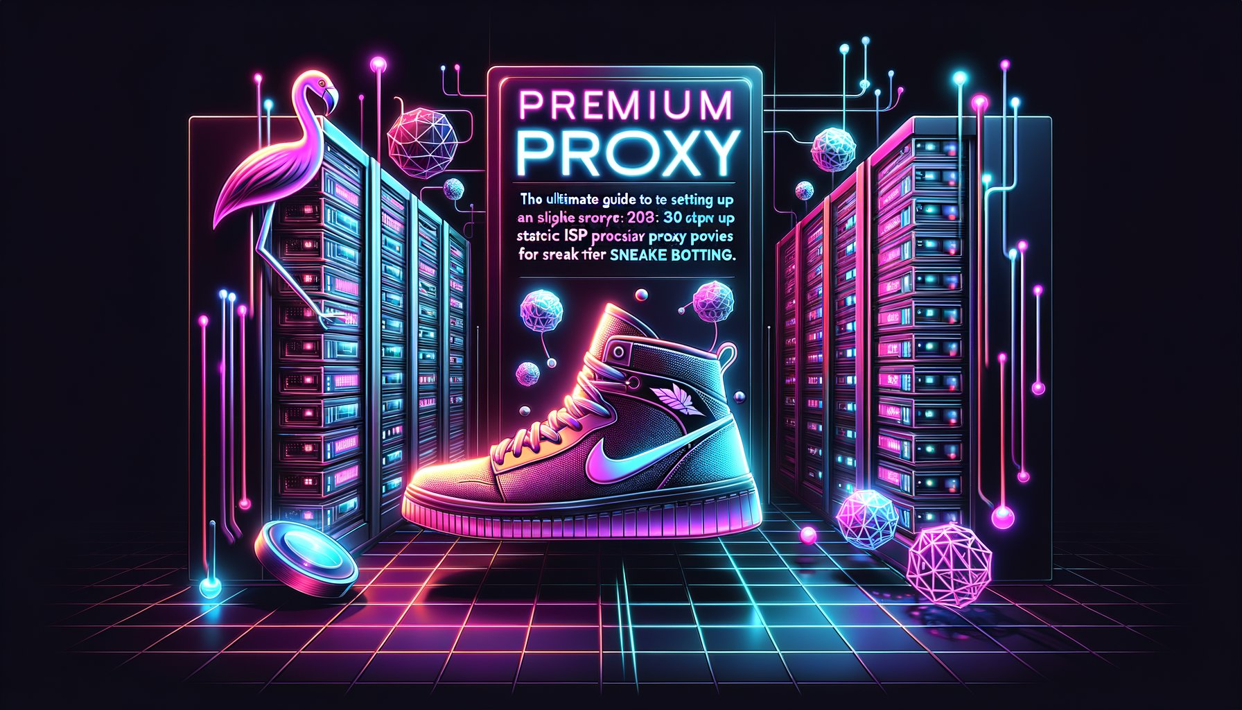 A graphic depicting a sneaker bot interface connected to a network of global static ISP proxies, representing speed, reliability, and success in securing limited-edition sneakers.