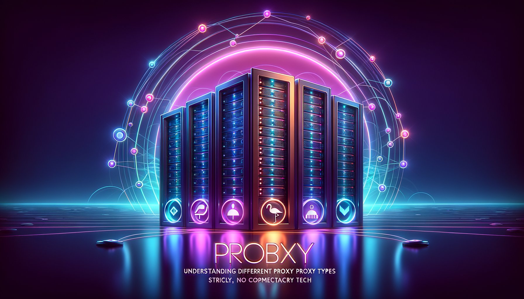 Illustration of different proxy types - residential, ISP, and datacenter represented by houses, servers, and cloud icons