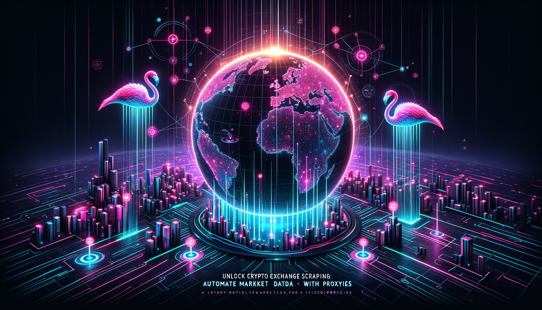 A laptop screen displaying cryptocurrency charts and data, with a magnifying glass over it, representing **crypto exchange scraping** with residential proxies.