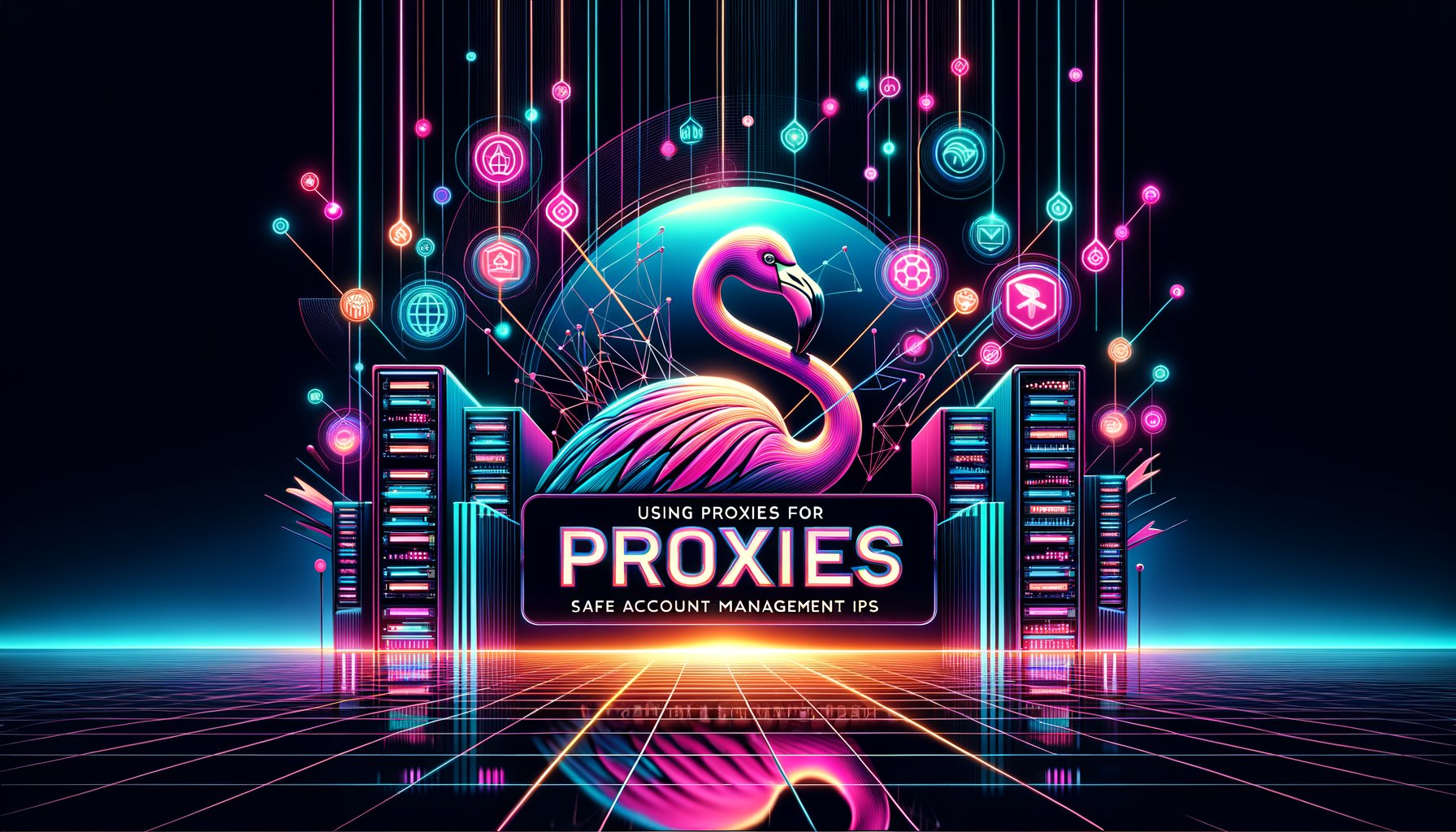 Illustration of multiple social media icons connected to different proxy servers, symbolizing safe and automated account management with unique IP addresses.